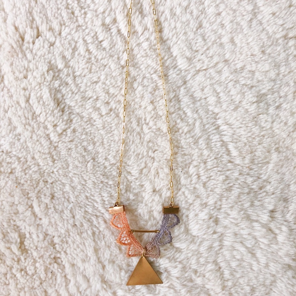 Anthropologie Triangles Necklace Choker - Gold Pink Purple Lace Beaded Geometric